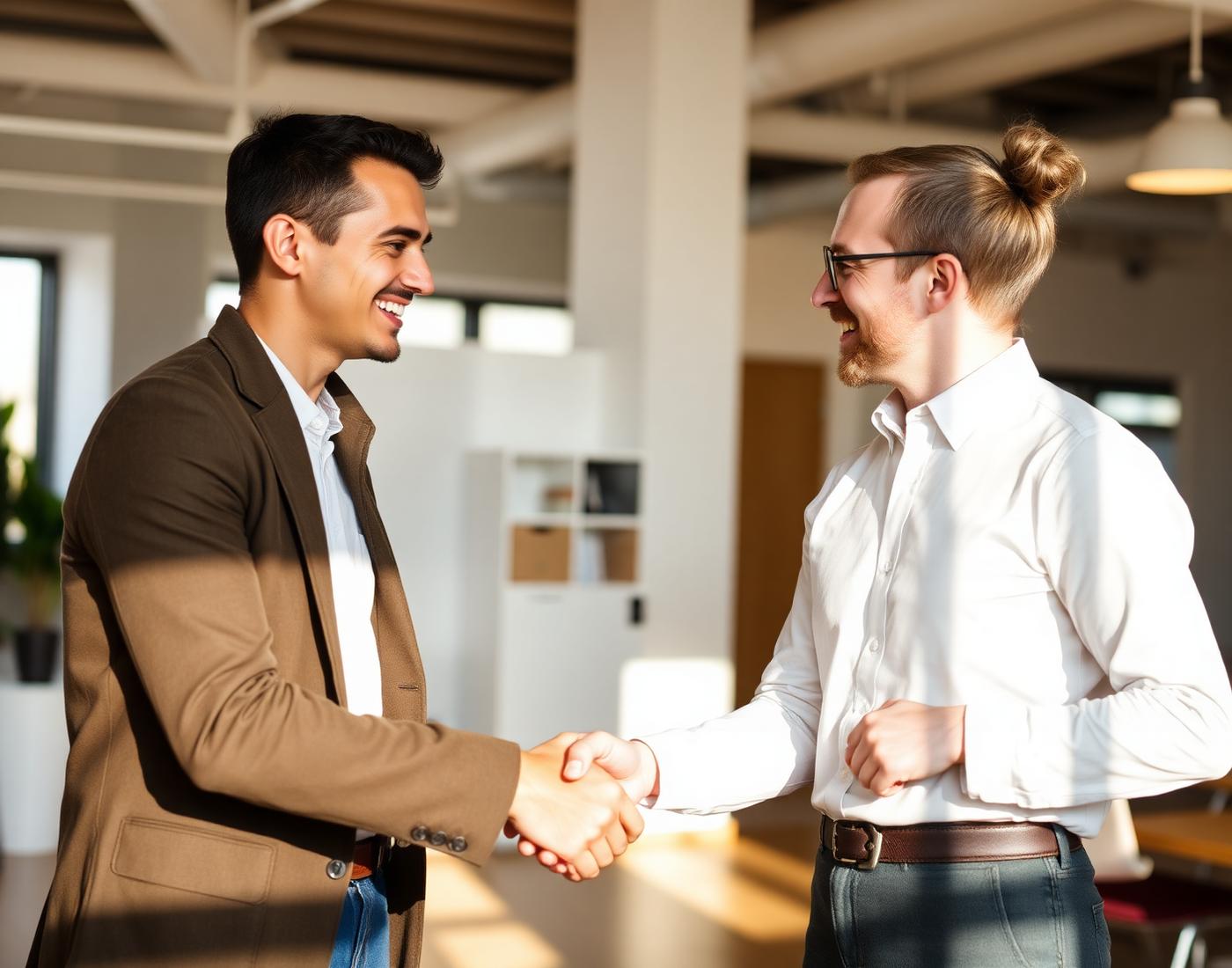 A new hire and HR manager greeting each other